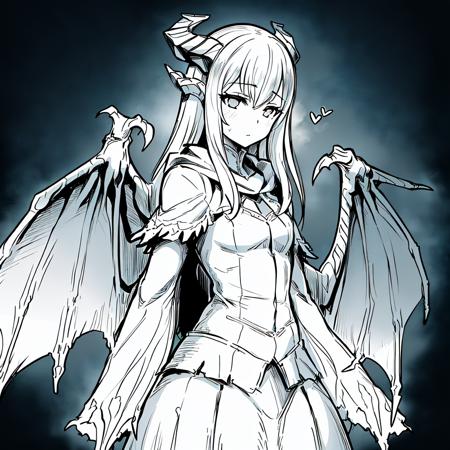 (masterpiece:1.4),(best quality:1.3),paarthurnax, dragon girl, 1girl, solo, long hair, monster girl, monochrome, dragon wings, dragon horns, wings, horns, genderswap <lora:last-000002:0.7>