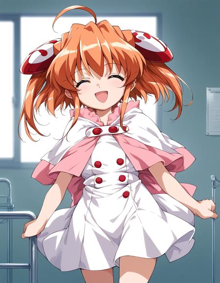 rizel, blue eyes, ahoge, orange hair, hair ornament, bangs, sidelocks, flat chest, short stack, indoors, frill, white dress, capelet, bow, buttons,