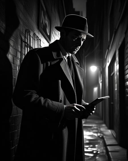 A detective in a classic trench coat and fedora, examining a clue with a magnifying glass. The scene is set in a dimly lit, narrow alley with graffiti-covered walls and flickering streetlights. The art style is noir with high contrast and deep shadows, emphasizing the dramatic and mysterious atmosphere. high resolution, sharp details, realistic lighting.