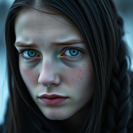 a tear slowly rolls down her cheek An extremely close-up portrait of a 25 year old young Scandinavian girl with straight black hair, tied in a side braid. A few loose strands gently frame her face. Her skin is fair, with light freckles across her nose and cheekbones. She has very pale blue eyes, almost white, filled with tears reflecting deep sadness, as a tear slowly rolls down her cheek. The background is blurred, with cool tones evoking a wintery Nordic landscape. The soft, natural lighting highlights the contrast between her black hair and her nearly white eyes, creating an emotional, intense, and realistic image