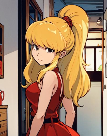 <lora:Julie_Winters_V2:.75> julie winters, wearing a red dress, (black eyes), blonde hair, solo, high ponytail, indoors, apartment interior (best quality:1.2)