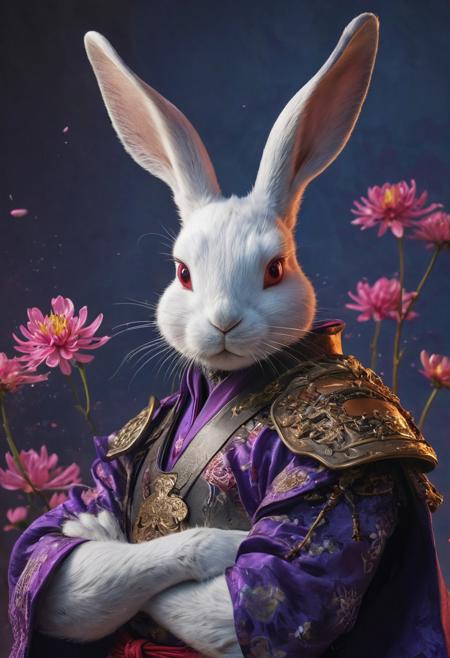 Create a speaking, mystical, and high-resolution image of an anthropomorphic rabbit character named XUER. The character should be depicted in a manga cover style with wealthy portraiture and poster art elements. The image should feature rich colors and high contrast, focusing on the best quality, official art, and a beautiful and aesthetic appearance. Include fractal art elements and a colorful background with a splash of color. Use a movie perspective and an advertising style, similar to a magazine cover. XUER Rabbit should be shown solo, looking at the viewer with red eyes, wearing Japanese clothes and armor, holding a sheathed katana, and standing in a cowboy shot pose. The character should have rabbit ears, tattoos, muscular abs, shoulder armor, and a chrysanthemum flower in the background. Emphasize a samurai theme with a galaxy purple/blue background and floral elements.