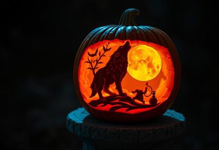 A masterful cinematic photography shot of a beautifully, detailed carved pumpkin, glowing from within on top of an old stone pedestal.
The relief like carving on the pumpkin uses different cutting layers into the pumpkin and inlays of gold and cyan to create a beautiful scene that glows from within with bright candle light.
The scene carved into the pumpkin is a wolf howling at the full moon.
The composition focuses on the pumpkin and the carving, the stone pedestal and the dark, spooky surrounding are only accompanying, out of focus.
The colour pallet uses three colours dominantly rich orange tones, deep bright cyan and bright gold. The overall setting is mysterious, dark and spooky.
The light setup masterfully catches the glow from within the pumpkin and enough light from outside to display the detailed carving on the pumpkin.