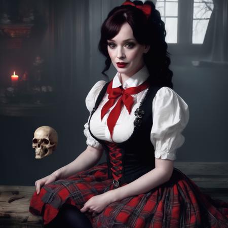 christina_hendricks,<lora:ChristinaHendricksXL:1.0>, A gothic woman living in a spooky house, tales of mystery and horror, pet raven, adventurous,a plaid skirt, white knee high socks, a red vest and a white shirt, black hair,
 pony tail, a red ribbon with a skull-shaped bead, macabre atmosphere, palette [voilet|red|black|grey|white]