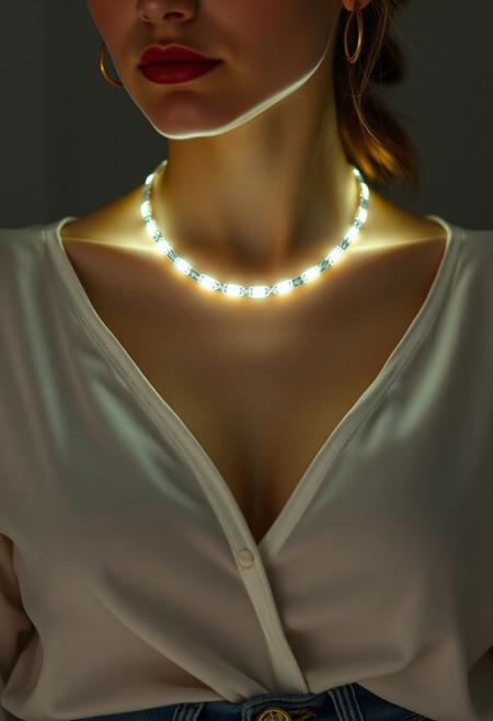 subdermal LED halo necklace, (internal LED glow:1.7), (embedded LEDs:1.8) forming evenly spaced glowing rings beneath the skin, soft light radiating outward from the collarbone, (natural skin tone:1.5), paired with a stylish casual outfit, (high-waisted jeans:1.4), (loose, tucked-in blouse:1.4), (simple leather sneakers:1.3), high-definition, (ultra-realistic textures:1.7), (soft natural makeup:1.3), glowing subdermal halo design integrated seamlessly into the outfit, modern yet comfortable, casual elegance with a futuristic edge, (worn jewelry:-1.8), (visible chains:-1.8), (unnatural glow:-1.5), (clunky design:-1.4)