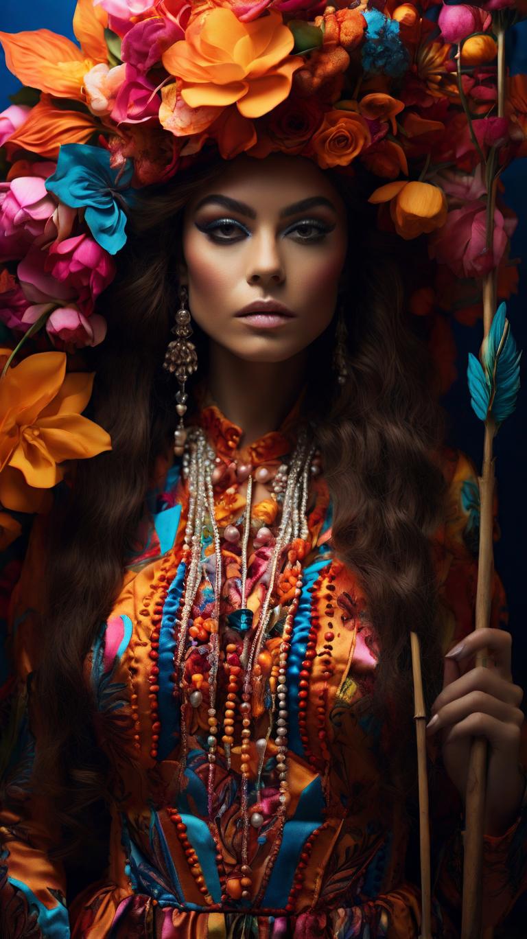 Closeup portrait of a woman wearing a vibrant flower costume, with intricate details and bold colors, standing with a stick in hand, inspired by psychedelic art style, tabletop photography shot from above, soft lighting to enhance the dreamlike atmosphere. Artwork by Olivia de Berardinis and Alex Grey.