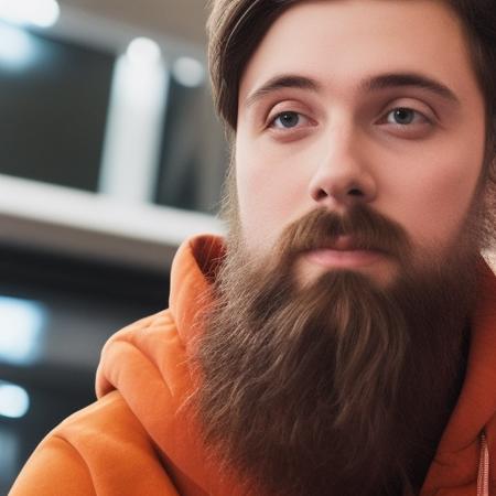 a photo of a man with a beard and black hoodie looking into the camera, masterpiece, bokeh, focused <lora:forsen:0.9>