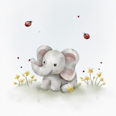 <lora:Simple Watercolor-000008:1>,Simple Watercolor,A gray elephant is lying on the grass, with a red ladybug on its nose, and yellow flowers next to it.