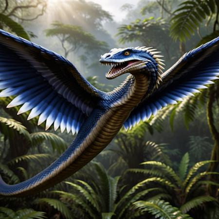 highly detailed portrait photo of a (vringalu):1.2 flying above a dense jungle,

vrinaglue, wings, feathers, teeth, sharp teeth, fangs, snake body,

through a lush jungle,

depth of field:1.2, blurry, blurry background,
realistic:1.3,

photorealistic,
fantasy, cinematic,
32k, best quality, 
god rays:1.2,
dappled sunlight:1.1,




