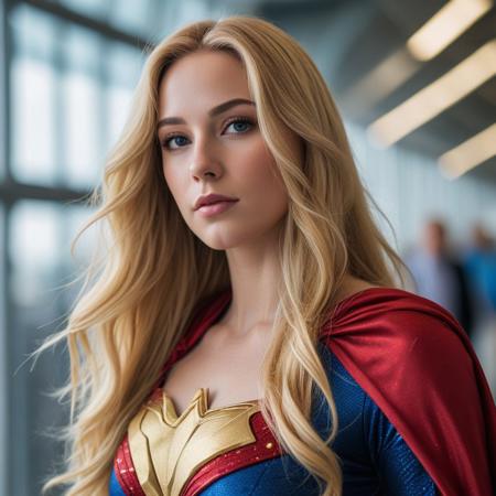 professional portrait photograph of a superhero with (long blonde hair), (wearing a superhero costume:1.2), (looking to the right in an airport:1.2), summer (pores:0.5) (freckles:0.2) (bokeh:0.2)
