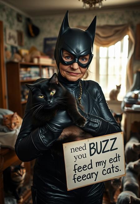 Closeup of old 77 year old Catwoman from batman movie in worn iconic catsuit holding chubby black cat in her dilapitated apartment, 30 different cats running around, sunlight coming from window, she is holding sign "need BUZZ to feed my cats"