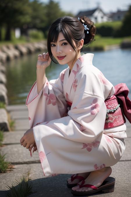 ultra-detailed,highly detailed,best quality,masterpiece,illustration,realistic,
1girl, solo, looking at viewer, brown eyes,
kimono, 1girl, japanese clothes, kimono, solo, brown hair, outdoors, looking at viewer, sash, pink kimono, brown eyes, smile, blurry, rock, floral print, sandals, photo background, yukata, obi, water, full body, river, blurry background, grass, wide sleeves, day, sitting, print kimono, white kimono, lips, hair ornament, long sleeves, side ponytail, realistic, depth of field, short hair, photo inset, closed mouth, bangs, pond, parted bangs, hand up, geta, squatting, holding, ponytail, parted lips, nail polish,
<lora:kimono_v1_03:0.7>