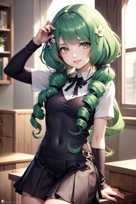 Fiore Brunelli,  drill hair,  green hair, long hair, ringlets, twin drills, school uniform, <lora:Fiore_Brunelli-06:0.7>