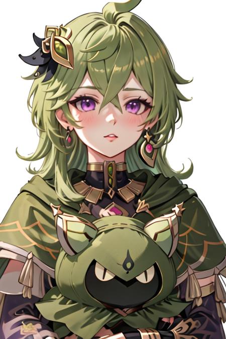 best quality, masterpiece, highres, solo, {collei_genshin:1.15}, green_hair, bangs, purple_eyes, hair_ornament, hair_between_eyes, jewelry, capelet, earrings, ahoge, green_capelet, blush, crossed_bangs, medium_hair, 1girl, looking_at_viewer, parted_lips, single_earring, portrait, white_background, long_hair, simple_background