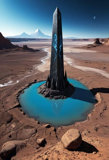 A tall black crystal obelisk rises from the rocky terrain of a vast, flat alien plain, strange alien symbols can be seen carved into its surface. Patches of vegetation grow along the banks of a meandering blue river which traverses the plain. A majestic ringed planet dominates the star studded inky black sky, illuminating fantastic, jagged mountains on the horizon. high quality, high definition Image, wide shot, deep focus