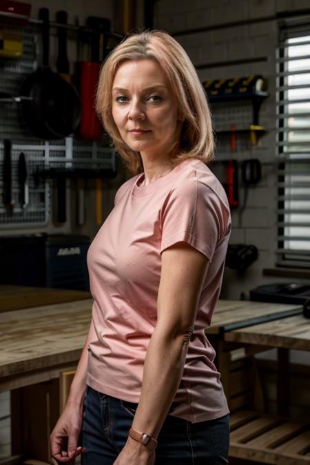 a mature L1873T Salmon Pink tshirt, garage, leaning on a workbench <lora:Liz_Truss2:1> masterpiece, best quality, detailed face,, 1girl, solo, l1873t, realistic, blonde,