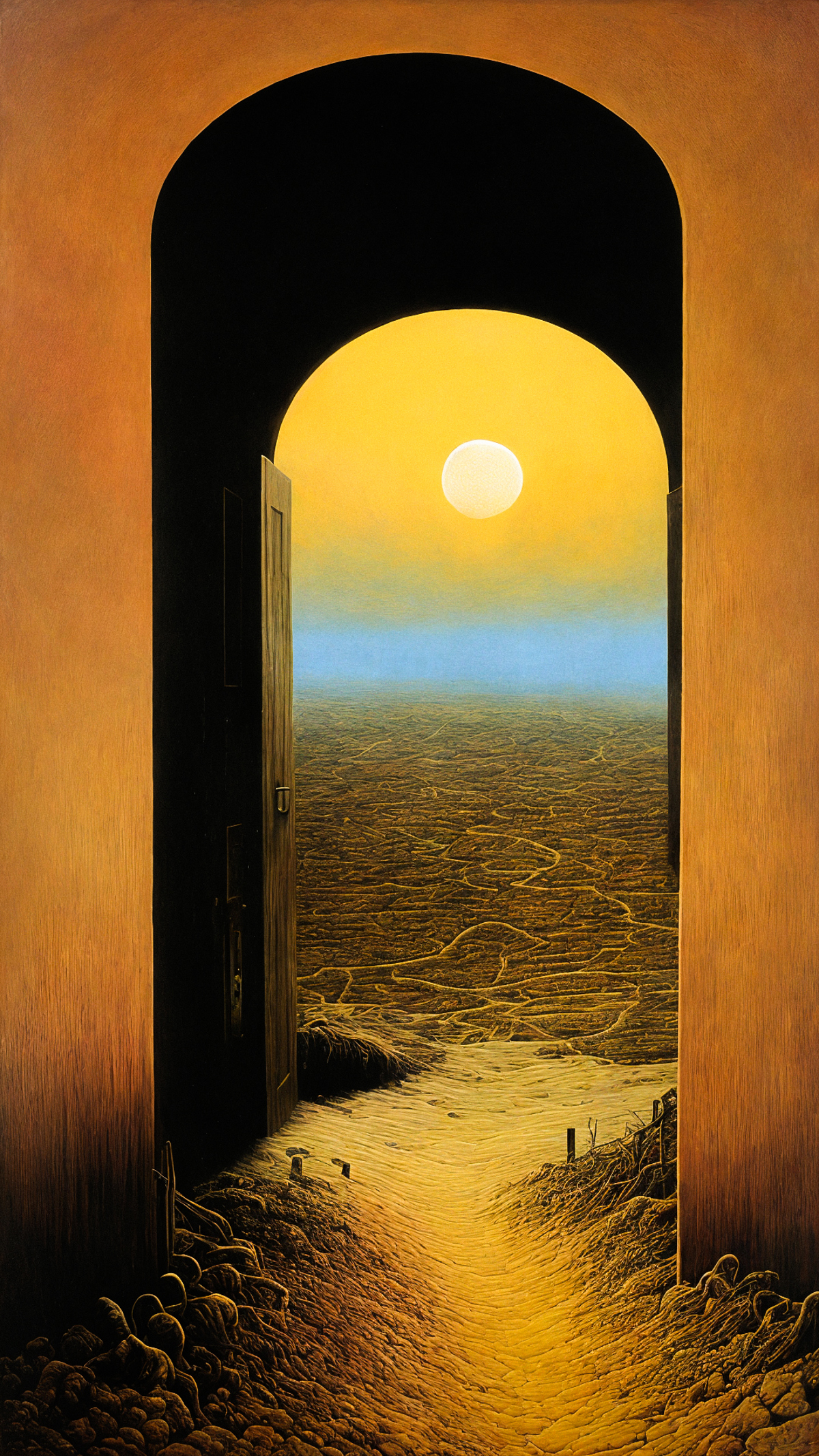 A doorway with a stunning view of a sunset and a desert landscape.