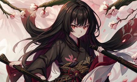 <lora:Glassv1.0:0.7>, masterpiece, black kimono, black hair ,<lora:add_detail:0.6>, (white obi belt:1), holding fan vassal weapons, mature, 1 woman, best quality, cherry trees, white pupils