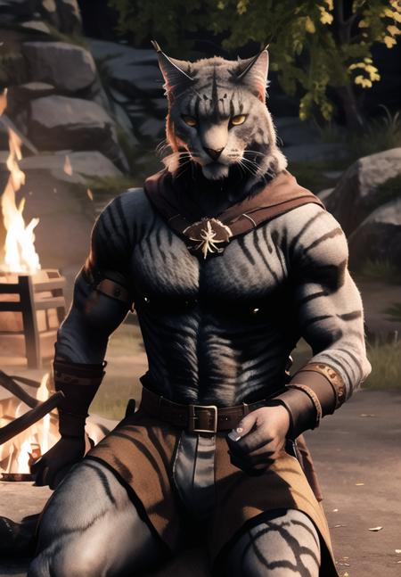 <lora:Khajiit-male:0.8>, khajiit-male, solo, sitting, campfire, night, (masterpiece, best quality, detailed:1.3), (ultra-high res, high details, absurdres:1.3)