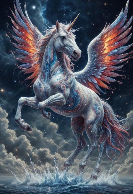 celestial marble unicorn , Made of CosmicStyle, flying through liquid sky, rearing on hind legs, dynamic pose,  clouds melting into ribbons of color, fluid scales shimmering with white blue and red hues, glowing eyes, dynamic wings of flowing liquid, painterly lighting, vast fantasy environment, surreal atmosphere, highly detailed, magical realism, CosmicStyle
