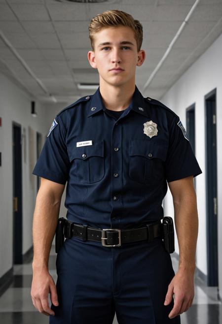 Ultra-realistic, cinematic full-body photo of a handsome 20-year-old Caucasian male police academy recruit, standing tall and dominant in formal inspection stance, hands clasped behind his back, wearing a fitted short-sleeved navy blue police uniform, visible silver badge and name tag, black duty belt with gear. He’s looking directly down at the viewer with a cold, intimidating stare. Extreme low-angle shot from the floor at his feet, upward perspective emphasizing height, power, and command. Clean, professional police academy hallway in the background, bright overhead institutional lighting, sharp focus, realistic fabric textures, lifelike skin, high detail, dramatic shadows, photographic quality, natural color grading.