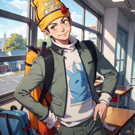 masterpiece, best quality, looking at viewer, 1boy, solo, male focus, smirk,  <lora:Mark:1>, markp1, beanie, school uniform, pants, shirt, backpack, classroom, window, hands in pockets,