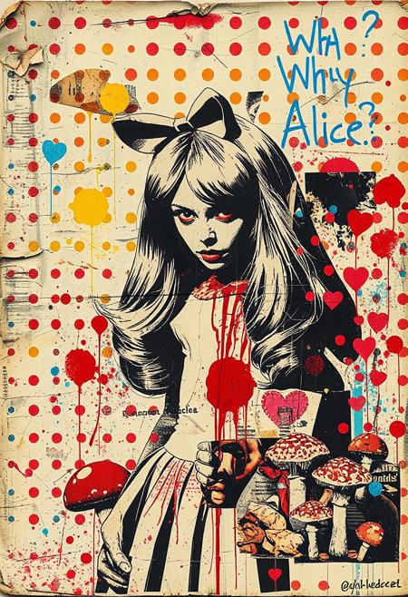 A pop art style of Butcher Billy mixed media collage artwork. Deconstructed, provocative, surreal, intense and chaotic composition. Street art textures, overlapping layers and vibrant retro colours. A distressed photocopy print of a magazine image of Alice in Wonderland in a latex outfit covered in blood. Print errors, halftone dots. grungy print registration errors. Overlaying this are multiple layers of vintage storybook images, hand-drawn shapes and patterns, bold paint splashes. Next are layered sections of repetitive brightly coloured dots are spraypainted in Yayoi Kusama style - smears and spray. Paint splattered and dripping. Torn magazine photos of knives and toadstools glued to the layers. These partially hide sections of the images below. On the top layer are rough hand-drawn shapes, abstract patterns and love hearts scrawled heavy-handedly in blue biro and Sharpie marker. Text: "Why Alice?"