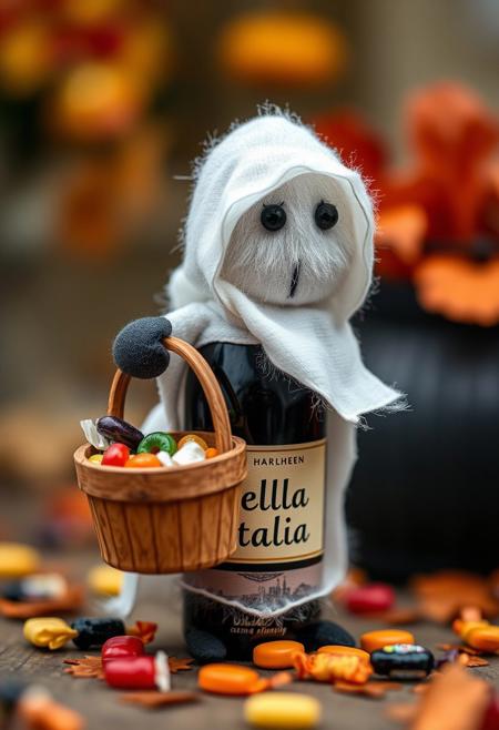A tiny, adorable fuzzy WINE BOTTLE (LABELED "bella italia" ON TEXT), dressed in a miniature ghost costume, balances a tiny, wooden candy pail on its back. The pail, overflowing with a colorful assortment of Halloween treats, seems to be the WINE BOTTLE's pride and joy. The WINE BOTTLE's ghost costume, a flowing, white sheet with a tiny, hooded head, is perfectly proportioned to its fuzzy, WINE BOTTLE body. The WINE BOTTLE's eyes, two shining, black jewels, sparkle with a mischievous, playful glint, as if it's waiting for a trick-or-treater to come and claim its candy. The air is filled with the scent of sweet, sugary treats and the distant hint of autumn leaves, making the WINE BOTTLE's ghostly gathering seem all the more fun and adorable. highest-Quality, intricate details, visually stunning, Masterpiece