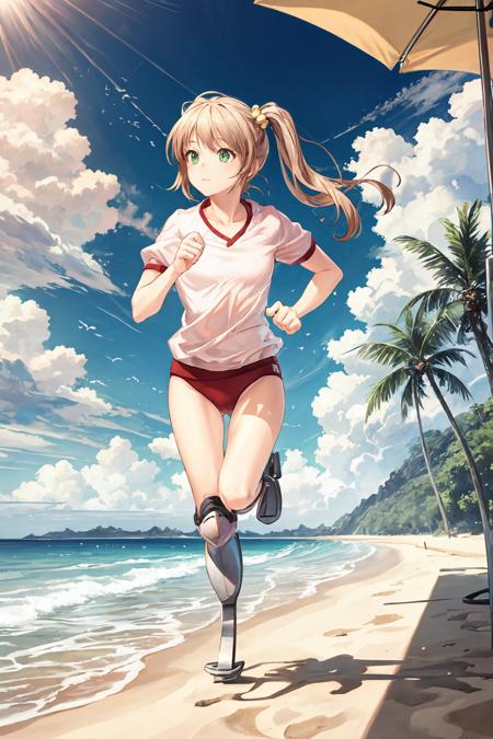 Emi, amputee, prosthetic leg, running blades casual outfit, brown shorts school uniform, green skirt gym uniform green eyes, hair ornament