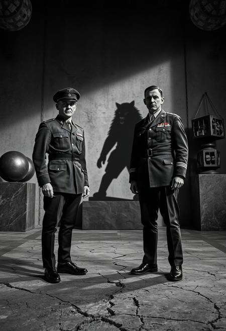 two military officers, vintage uniforms, black and white, dramatic lighting, surreal, werewolf shadow, cracked concrete floor, eerie atmosphere, authoritarian aesthetic, hidden identity, 1940s style, high contrast photography, cinematic composition, monumental sculptures, geometric abstraction, intricate textures, bronze casting, spheres, cubes, fractured forms, eroded surfaces, mechanical interiors, industrial aesthetics, organic decay, order and chaos, futuristic, timeless, bold forms.