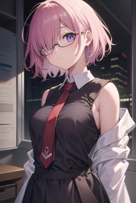 mashkyrielight, <lora:mashkyrielight-lora-nochekaiser:1>, 
mash kyrielight, glasses, hair between eyes, hair over one eye, (purple eyes:1.1), pink hair, short hair,
BREAK hood, shirt, collared shirt, white collar, black shirt, necktie, red necktie, sleeveless, off shoulder,
BREAK looking at viewer,
BREAK indoors, classroom,
BREAK <lyco:GoodHands-beta2:1>, (masterpiece:1.2), best quality, high resolution, unity 8k wallpaper, (illustration:0.8), (beautiful detailed eyes:1.6), extremely detailed face, perfect lighting, extremely detailed CG, (perfect hands, perfect anatomy),