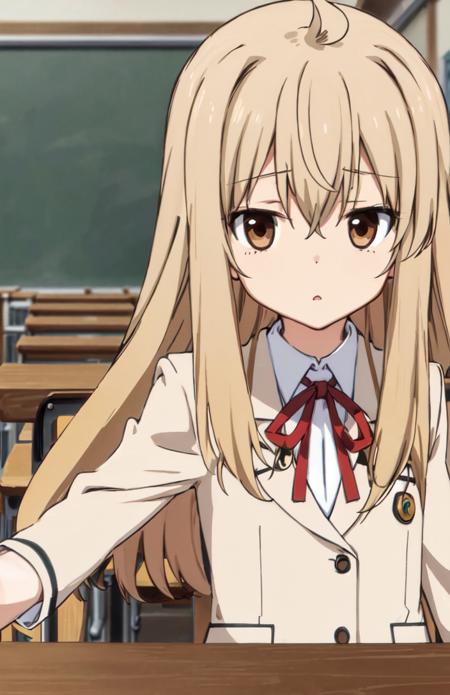 <lora:chiaki_ver1.0:0.6>, chiaki,long hair, blonde hair, ahoge, brown eyes, brown hair, flat chest, school uniform, beige blazer, neck ribbon, red skirt,(black thighhighs:1.1), classroom,
(masterpiece:1.1), best quality, ultra-detailed, high resolution, super detailed skin, perfect anatomy, detailed,