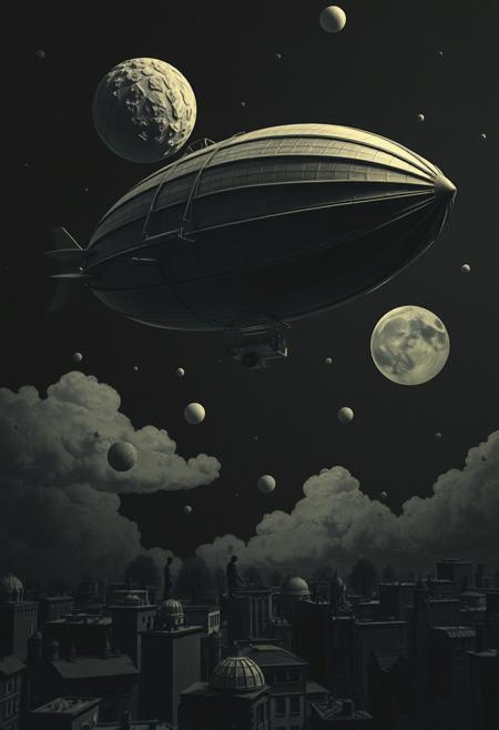 A vintage, fantasy airship hovering over a moody, urban scene, where raw photography aesthetic captures human figures lost in a dreamy, faded atmosphere., novel visual style, black background, floating cosmic shapes and forms, large geometric circles with monochromatic contrast, scattered small black dots, miniature cityscape with tiny buildings and trees, surreal fantasy aesthetic, whimsical atmosphere, dreamlike composition, inverted channels, color negative effect, high contrast, ethereal glow, intricate details, imaginative storytelling