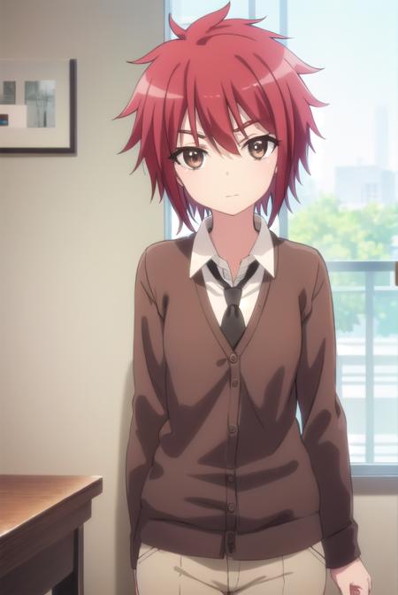 aoiyusa, <lora:aoi yusa s2-lora-nochekaiser:1>,
aoi yusa, short hair, (brown eyes:1.3), red hair,
BREAK school uniform, necktie, shirt, white shirt, collared shirt, cardigan, brown cardigan,
BREAK indoors, classroom,
BREAK looking at viewer, (cowboy shot:1.5),
BREAK <lyco:GoodHands-beta2:1>, (masterpiece:1.2), best quality, high resolution, unity 8k wallpaper, (illustration:0.8), (beautiful detailed eyes:1.6), extremely detailed face, perfect lighting, extremely detailed CG, (perfect hands, perfect anatomy),