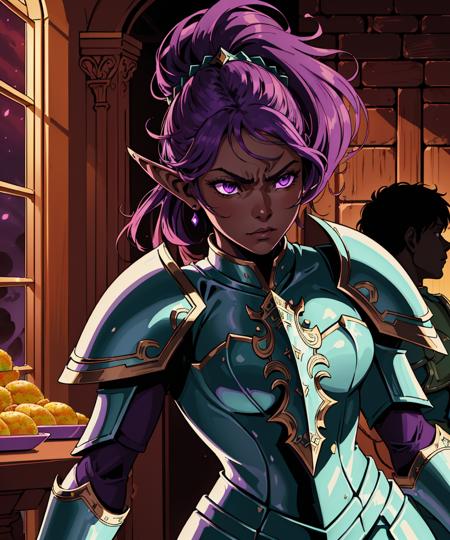 (original-art:1.2),(lineart:1.31), angry 1woman portrait elf paladin with intricate armor showing in a tavern, (dark-skin),(depth),(movement:1.3),crowded tables,unusual-shot,(hyperdefined),purple red green,fantasy-victorian aesthetic,complex-lighting,(ultradetailed),(fine-details:1.3),RAW-format,perfect-anatomy,(limited-palette)