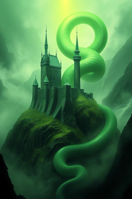 jade_snake. 0n1r1c. An impressive castle on a mountain ridge, guarded by a giant snake. dreamlike lighting and an ethereal atmosphere. Green aura, spooky glow.