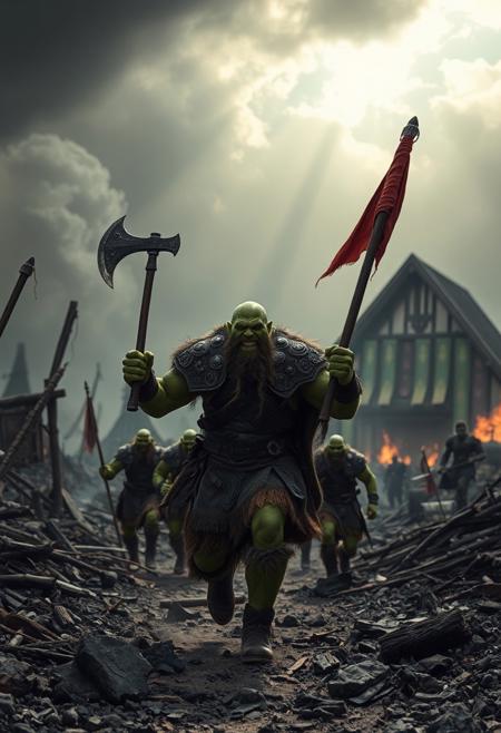 analog film photo hyperrealistic art ray of sunlight breaks through the clouds, musculated green-skinned Orcs-vikings  running amidst the ruins of a once-great village, reduced to ashes and rubble.  Armor is scorched, background is filled with the remnants of smoldering buildings, with the sky above heavy with dark, swirling clouds.Scorched wooden beams from collapsed structures protrude from the rubble, blackened and twisted by fire.Thin tendrils of smoke rise from smoldering piles of ash and debris, adding a sense of recent destruction.The skeletal remains of a Viking longhouse stand in the background, with its roof caved in and walls partially collapsed, viking banners bsckground, holding viking flag raised up in left hand, his expression filled with pride and sorrow as he gazes at,  cinematic, realism, huge size worn axe in right hand, without a beard, no beard, . extremely high-resolution details, photographic, realism pushed to extreme, fine texture, textured skin, remarkable detailed pupils, realistic dull skin noise, visible skin detail, skin fuzz, dry skin, shot with cinematic camera . faded film, desaturated, grainy, vignette, vintage, Kodachrome, stained, highly detailed,  Photorealistic, analog style, soft lighting, subsurface scattering, realistic, heavy shadow, masterpiece, best quality, ultra realistic, golden ratio, Intricate, High Detail, film photography, soft focus <lora:FluxDFaeTasticDetails:1>, (((many orcs around))), big white castle behind,