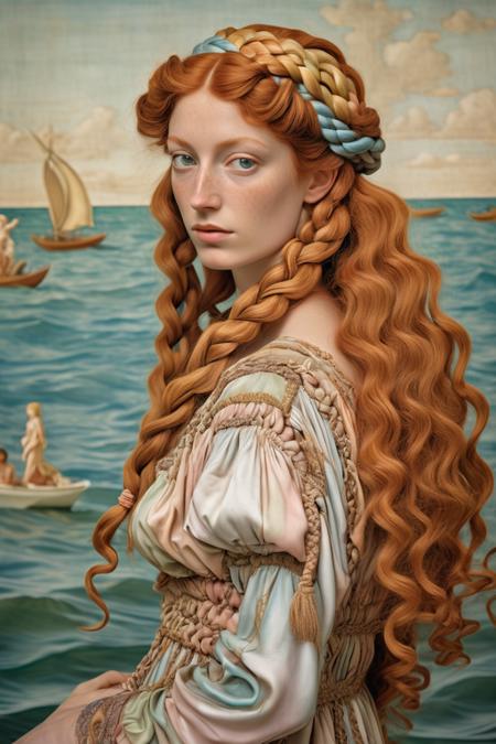 Simonetta Cattaneo Vespucci, Botticelli's model for Birth of Venus, embodying her classic beauty in a contemporary fashion, (ginger type), hair intertwined in intricate braids, modern dress, soft pastel, high color contrast, gently faded tones, timeless elegance, highly detailed, master's touch, casual elegance, chiaroscuro lighting, evocative old-world charm. Ektachrome analog film print
