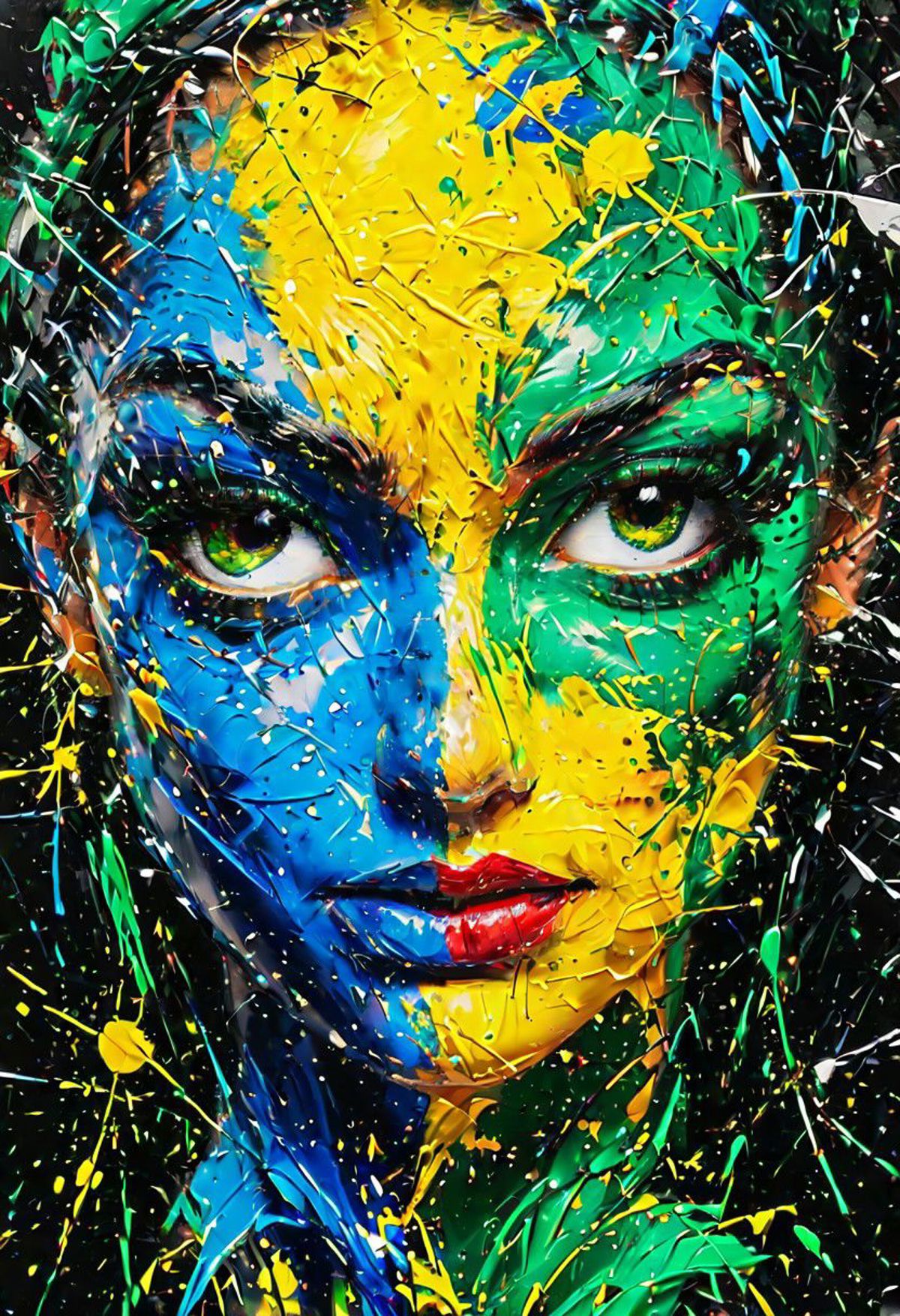 impactful paint of (((brazilian flag))), (green:1.25),  (blue:1.15),  (yellow:1.2), (white:0.75), highly detailed, 8k, sha...