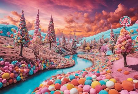 landscape, dreamy candyland, acid trip, mdma, lolipop trees, sweets, chocolate rivers, marshmallow clouds,