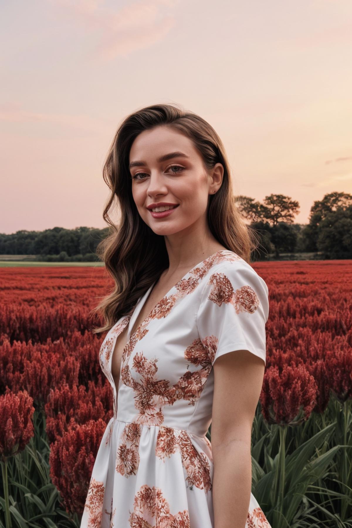 A woman in a dress standing in a field of red flowers.