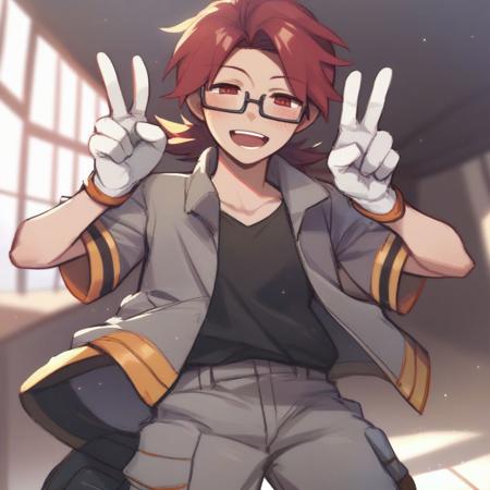 1boy, red hair, red eyes, medium hair, glasses red headwear, helmet grey jacket, black shirt, sleeveless, grey pants, white gloves black footwear, boots