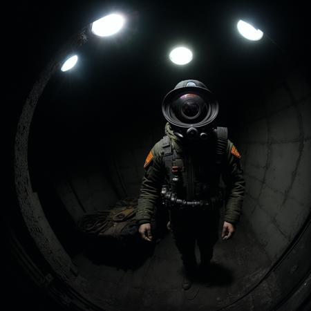 (dirty and weary man, stalker:. orange pilot suite, mask, rifle:1.2),  (walks inside tiny tunnel narrowing forward, green, black,  cables, pipes, burned, radioactive) (symmetrical, claustrophobic, emphasizing the enclosed space,  individual's struggle:1.2) (high quality, highly detailed, intense focus, Nikon D810, lens: 15mm fisheye f/2.8:1.2),  <lora:LowRA:0.5> <lora:ARWSlumInterior:0.7>