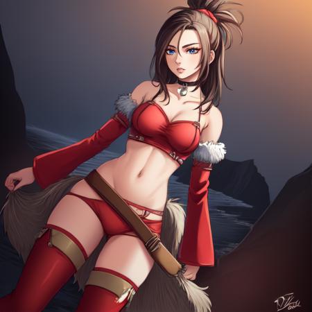 red_dq8, black hair, blue eyes, thighhighs, detached sleeves, jewelry, midriff, choker, breasts, fur wrap
