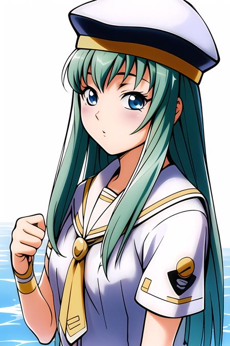 masterpiece, best quality, highly detailed, 1girl, alice carroll, long green hair, aria company uniform, beret, cute, water