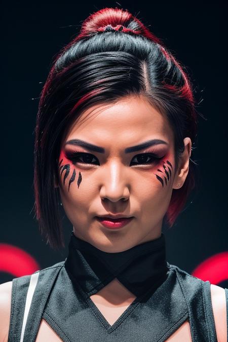 a real photo of H1k4ru, a cute woman, in black wr3stl3 costume, [[on stage]], extreme closeup, [[dragon face paint]], face focus, aggressive expression, zoomed in