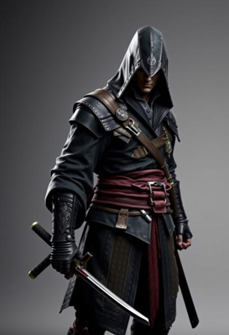 assassin's creed character, japanese samurai costume, black clothes, leather armor, neutral grey background