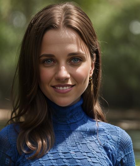 l4c1l4we , Ultra-HD-details, ((nature background)), close portrait photo, breast, blue intricate turtleneck, smile