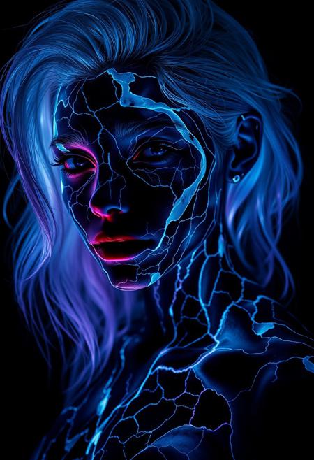 full body portrait a 20 year old women in bioluminescent skin marble veining pattern, bioluminescent white hair, black background, deep shadows, highly detailed