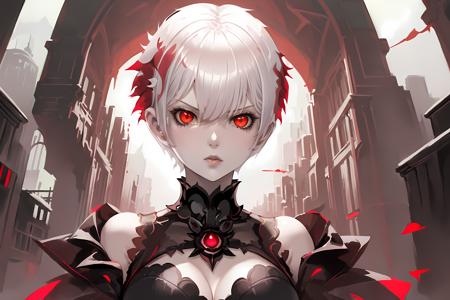 <lora:redpunk:0.5> redpunk artstyle, 1girl, (white short hair:1.5), eye on her breasts, (black outfit), (gothic city), serious, looking at viewer, red eyes,